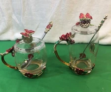 Vivimee 2 Pack Tea Cups with Lids, 12 oz Clear Glass Cups with Spoon Set Roses