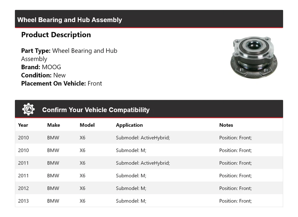 Conjunto de cojinete de rueda y buje delantero para BMW X6 2010-2013 MOOG 2010 2011 2012 Foto 2 de 4
