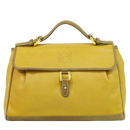 LOEWE Hand Bag Tote Purse Anagram Leather Light Brown Authentic