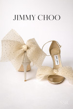 Jimmy Choo Aveline 100 Latte Grosgrain Mesh Bow Sandal EU37 US7 Bridal New