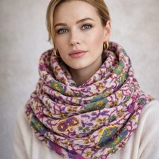 Hand Embroidered Paisley Wool Shawl Purple Green Scarf Wrap Boho 23x70