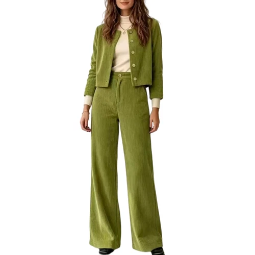 Ladies Corduroy Winter 2 Piece Set Button Crop Jacket Wide Leg Trousers Outfit