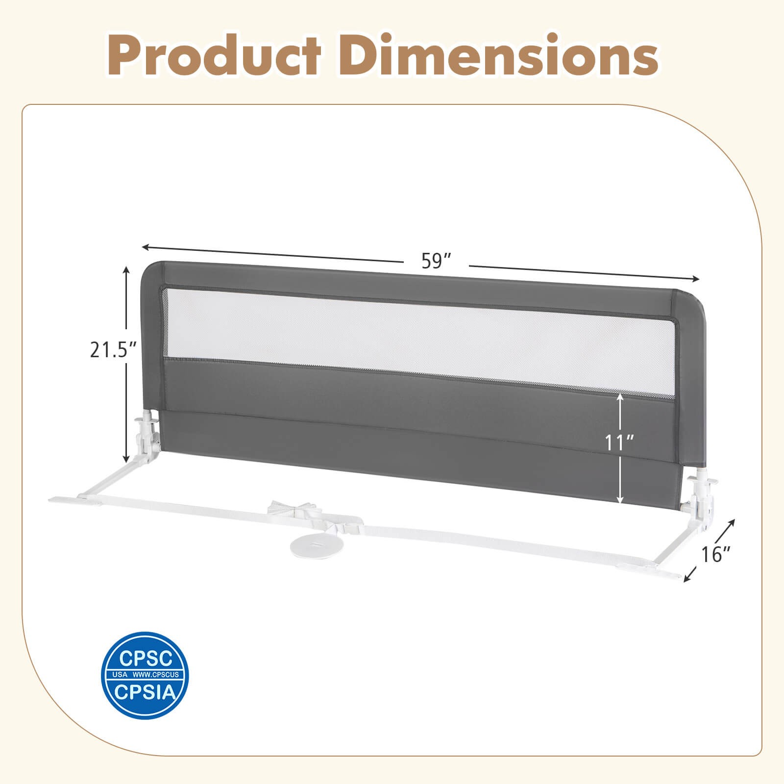 Costway 59" Baby Bed Rail Guard Breathable Material Safety Swing Down Home Gray