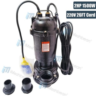 2HP Cast Iron Sewage Submersibl Pump 6498GPH w/26ft Cord Float Switch 220V-240V