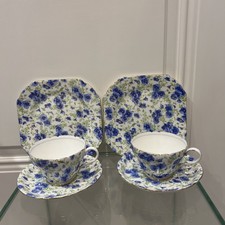 RARE PAIR SHELLEY BLUE PANSY TRIO HENLEY SHAPE SCALLOPED CUP SAUCER & PLATE