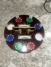 Ancien plateau carrousel à jetons de poker en bois avec poignée, jetons et cartes multicolores