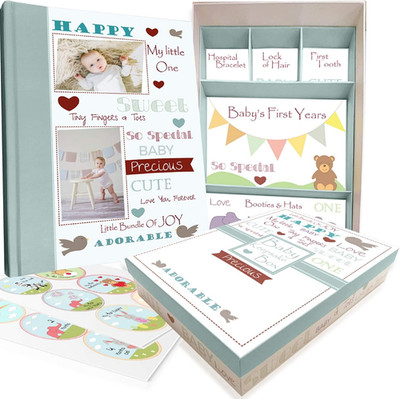 Baby Memory Book W/Keepsake Box & 30 Monthly & Baby First Milestone Stickers - G