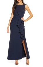 Eliza J EJ8M0110 Knot Ruffle Front Gown Sz 6 Navy