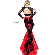 NWT Sherri Hill 51169 Black Red Mermaid Lace Two Piece Gown Size 6 Prom Pageant