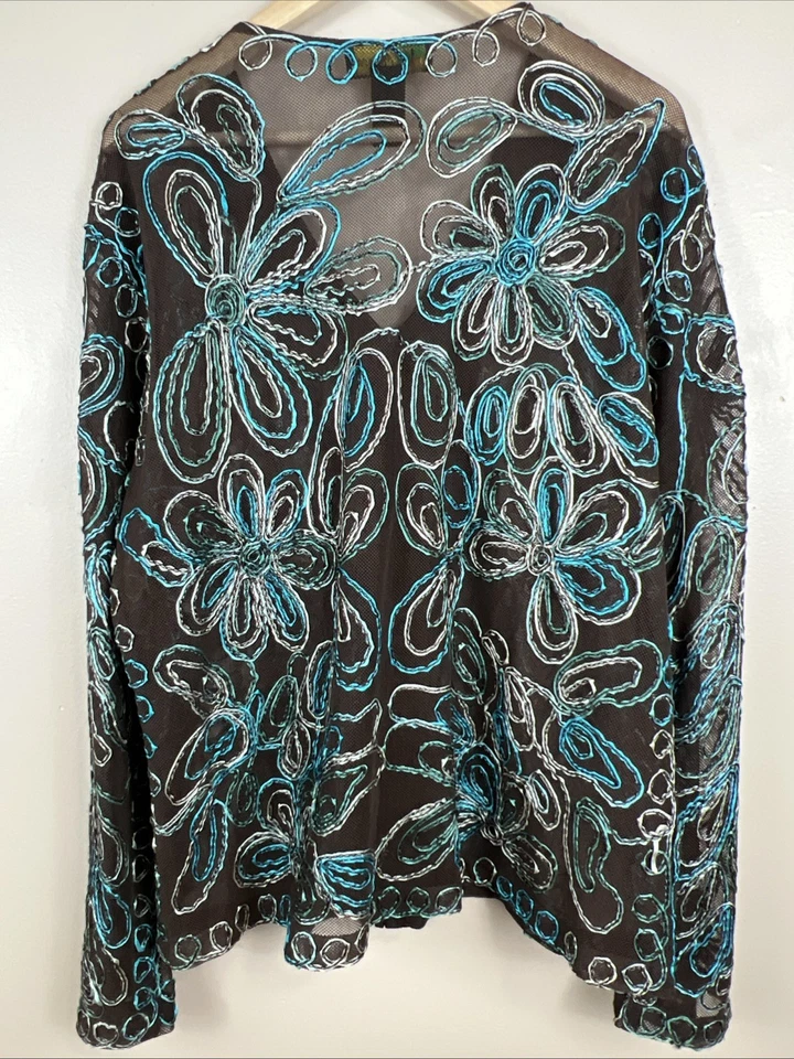 Blusa romántica boho con apliques florales transparentes con cremallera de malla marrón XL Mirasol para mujer Foto 3 de 4