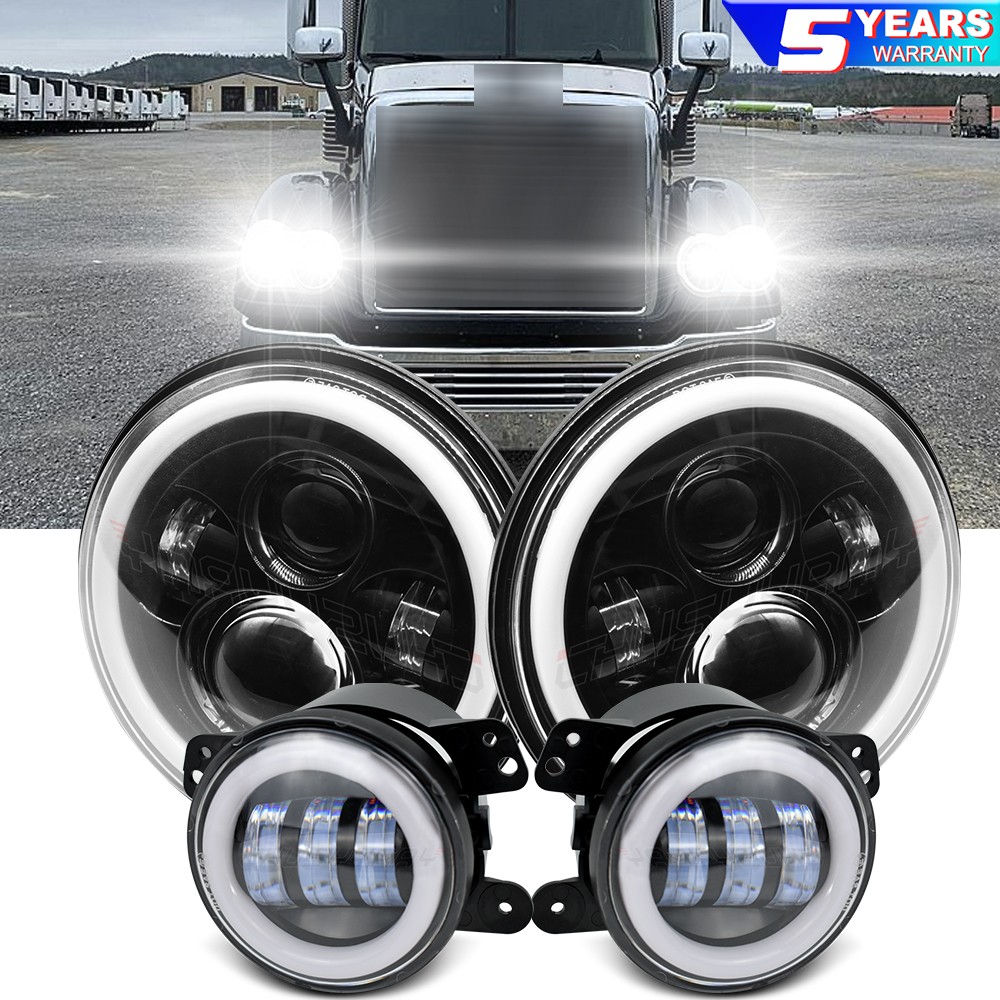 7" LED Headlamp Headlights & 4'' Fog Lights for Freightliner Coronado 2001-2016