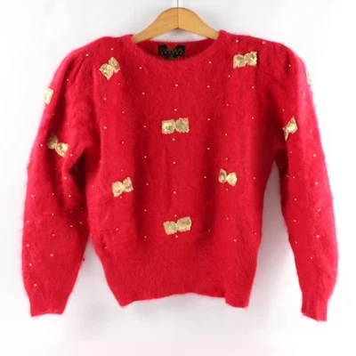 Classiques Vintage Pull Fines Mailles Col Rond Angora Mélange Rouge S - Photo 1/4