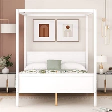 Queen Size Canopy Bed with Headboard and Footboard,Slat Support Leg,White
