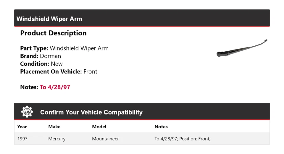 适用于 1997 年 Mercury Mountaineer Dorman 挡风玻璃 Wiper 手臂正面 — 第 2/3 张图片