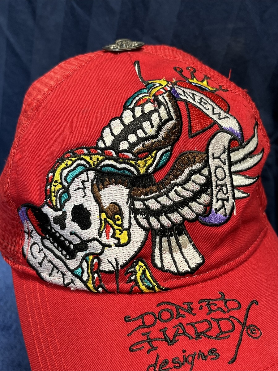 Y2K Ed Hardy Retro NYC Embroidered Skull & Eagle Red Trucker 