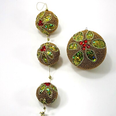 Bead and Sequin Ball Christmas Ornaments Set of 2 Triple Ball and 3.5in Round