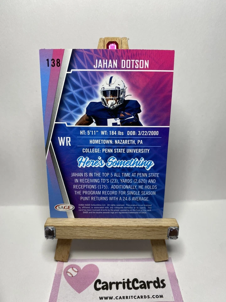 JAHAN DOTSON 2022 Sage Premier Draft SILVER Rookie #138 Washington Commanders - Image 4 of 4