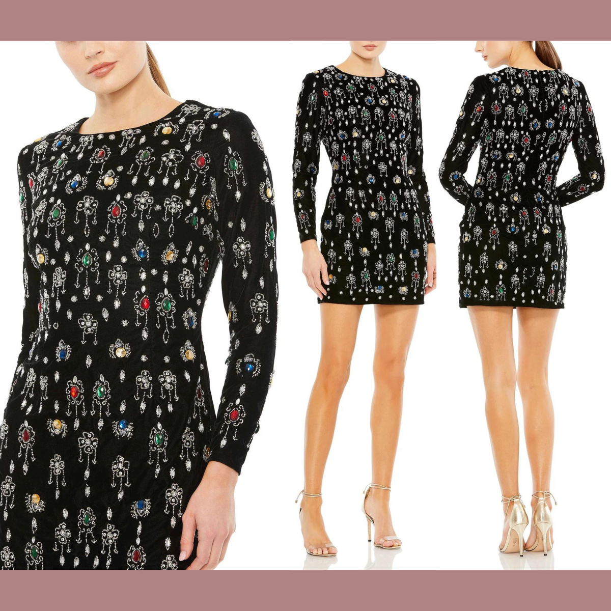 NWT $598 Mac Duggal [ 2 ] Gem Embellished Velvet Long Sleeve