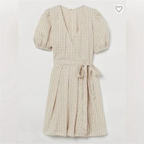 H&M Linen Blend Wrapover Dress in Beige/White Sz S Short Sleeve