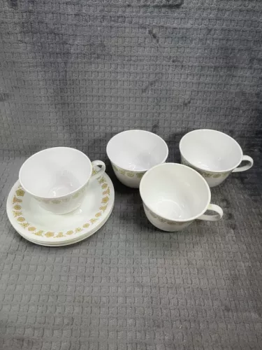 Set of 4 Vintage Corelle by Corning Gold Butterfly Flower Cups With Saucers