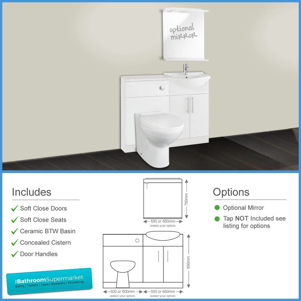 White Gloss Bathroom Vanity Unit Cupboard WC Units Sink & Basin BTW Toilet Taps