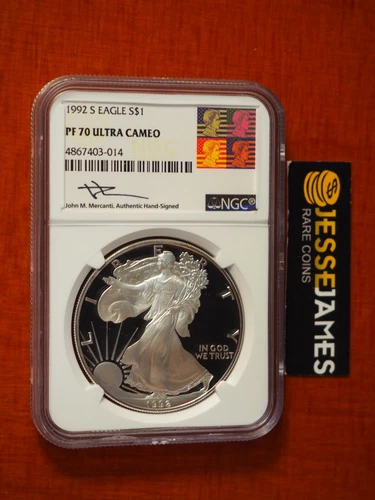 1992 S PROOF SILVER EAGLE NGC PF70 ULTRA CAMEO JOHN MERCANTI SIGNED REAGAN LABEL