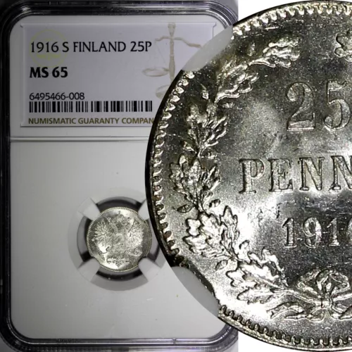 Finland Nicholas II Silver 1916 S 25 Pennia NGC MS65 GEM BU KM #6.2 (008)