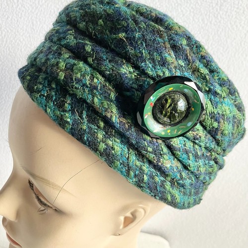 Chapeau boîte à pilules tweed vintage années 1960 Milgrim bleu vert laine