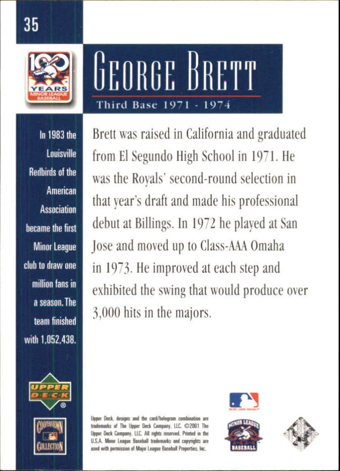 2001 Upper Deck Minors Centennial #35 George Brett - NM-MT - Image 2 of 2