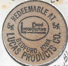 LUCAS PRODUCTS CO, Feed Factors, Bedford, Iowa, 5¢, BUFFALO, BLACK Wooden Nickel