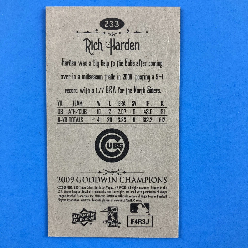 Rich Harden 2009 Upper Deck Goodwin Champions Mini #233 Chicago Cubs - Image 2 of 2