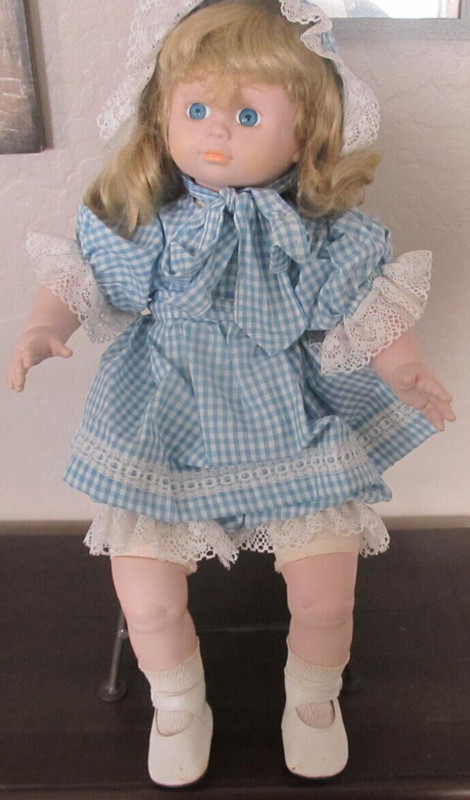 Vintage Cracker Barrel Porcelain Doll Blue & White Checkered Dress & Bonnet Lace