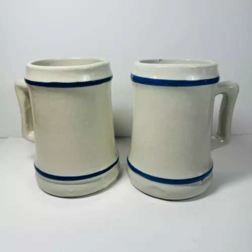 Pair of Vintage/Antique Blue Stripe Stoneware Mugs Steins Tankards