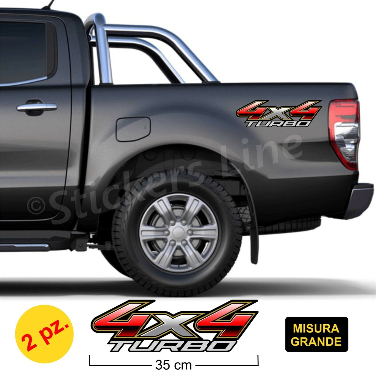 Adesivi Laterali 4x4 Turbo – Set 2 Decalcomanie 35x10 Cm, Nero-grigio-rosso, Resistenti UV