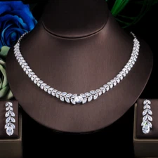 White Leaf Round Silver Plated Cubic Zircon Wedding Necklace Earring Jewelry Set