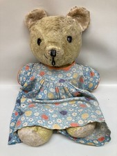 Vintage Yellow Musical Wind-Up 14  Plush Stuffed Animal Teddy Bear With Dress