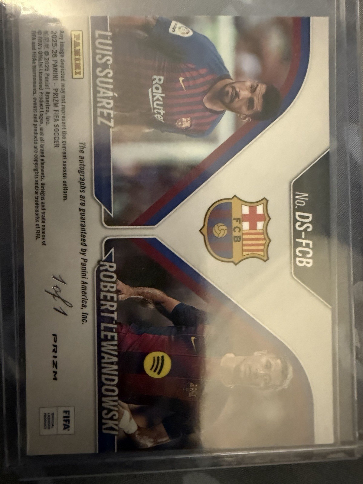 2025-26 Panini Prizm FIFA Soccer Luis Suarez/Robert Lewandowski 1/1 Dual Auto view 6