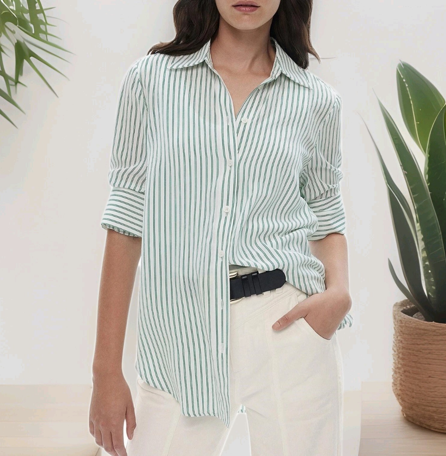 WITCHERY RRP$229 Silk Stripe Shirt Size 16 Button Up Top 100% Silk Green & White