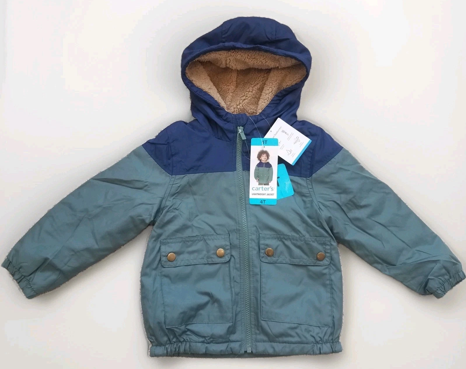 carter's hooded jacket boys water wind resistant green 4T fleece lined