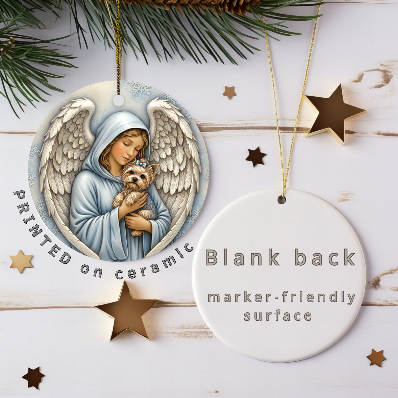 Winter Angel with Yorkie Ornament Pet Memorial Snowflake Guardian Gift