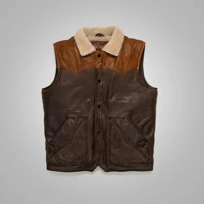 Men s Shearling Leather Vest Brown B3 Aviator Sheepskin Gilet Winter Waistcoat
