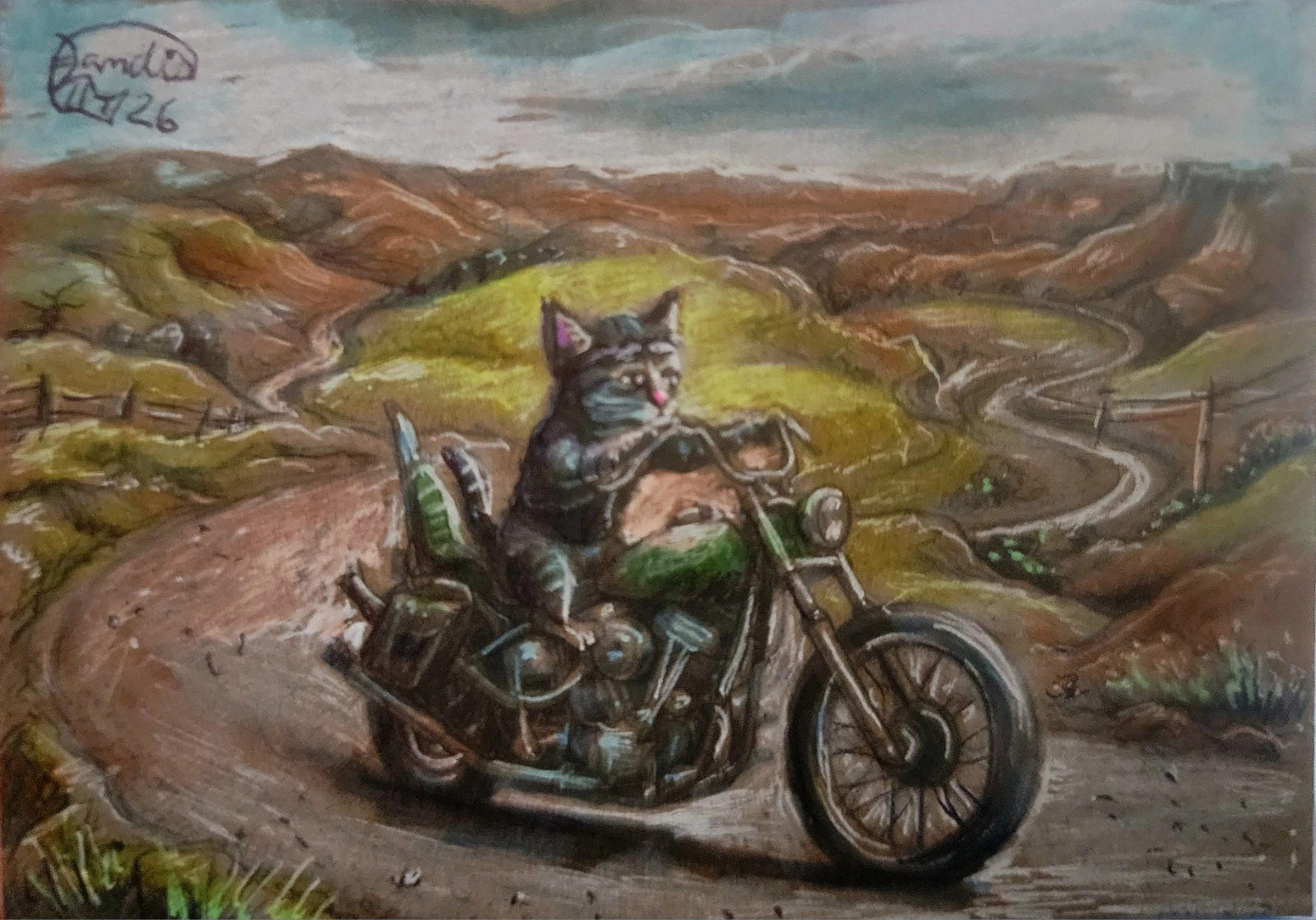 Jacob Landis HANDMADE Painting Whimsy Card ACEO Biker Tabby "South Dakota Biking