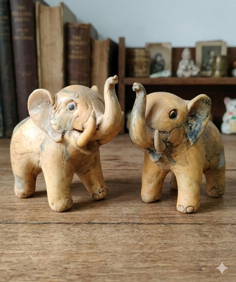 Rare Antique Hand-Carved Stone Elephant Pair- Vintage Luxury Collectible Statues
