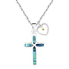 Women's Girls Christian Mustard Seed Cross Heart Necklace Abalone Shell Pendant