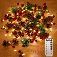 Christmas Garland With Lights 9.8 Ft 60 LED Red Berry Pine Cone Battery Operated