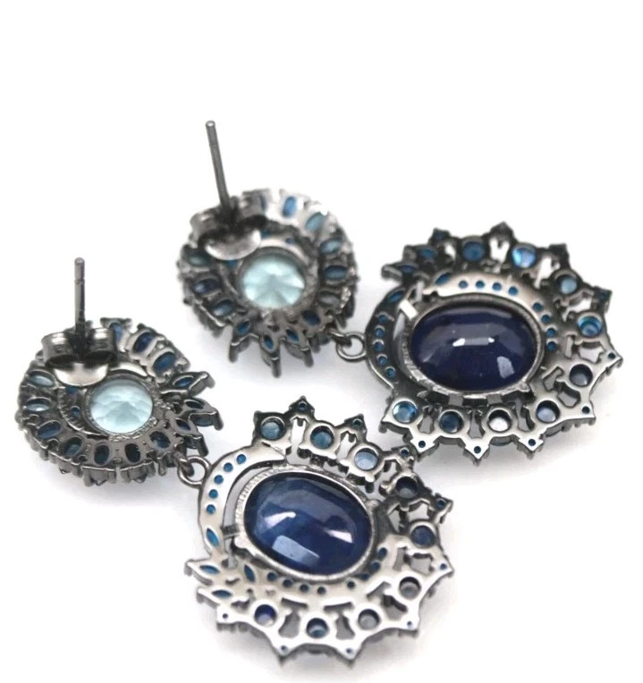 925Silber OHRRINGE Edelsteine Saphir,2 beh. Außergewöhnlich schön 585schwarzgol - Bild 3 von 4