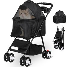 Pet Stroller 4 Wheels Foldable Dog Stroller w/Storage Basket Cup Holder Black