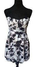 XXI Womens M White & Black Satin Floral Mini Dress Bubble Hem & Waist Sash Vtg