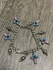 V intage Silver Tone Charm Bracelet Pastel Pink Blue Cross-Style Dangles 7  