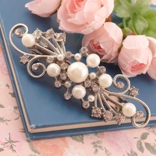Vintage Clear Crystal Simulated Pearl Silver Tone 3 3/4" Hair Barrette